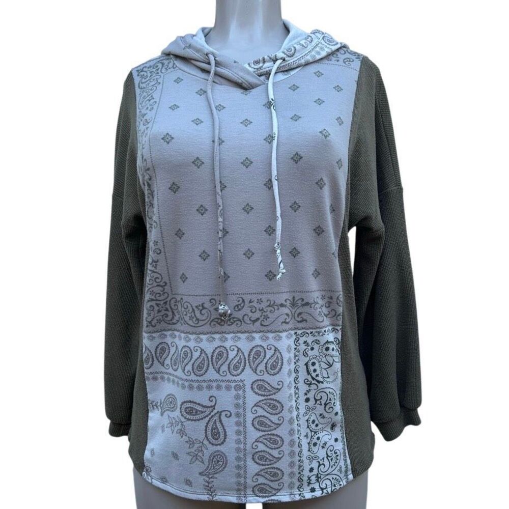 Perfect Made In USA Hoodie Medium Olive Green Beige Paisley Waffle Long Sleeve